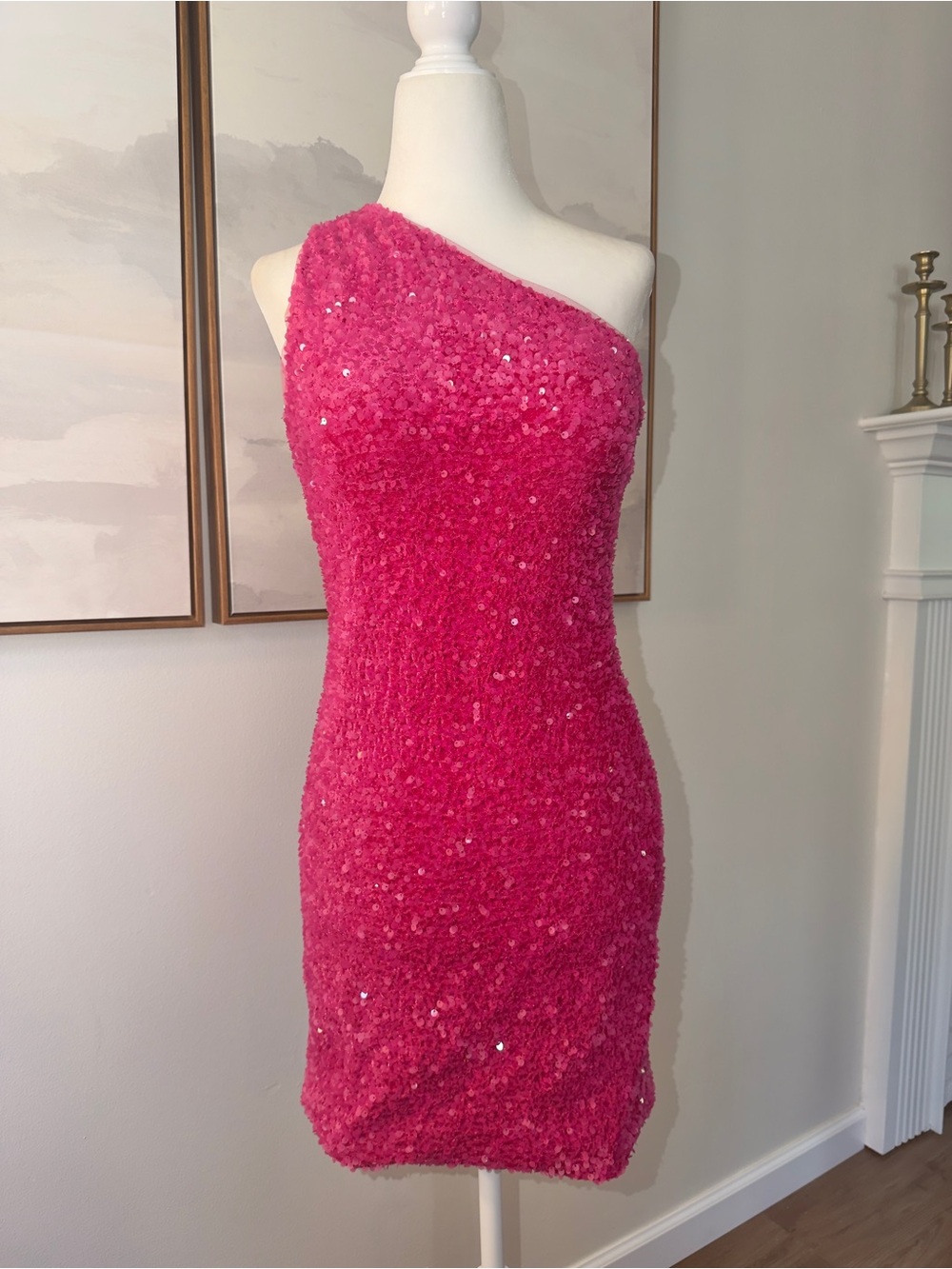 Hot Pink Sequin One-Shoulder Bodycon Mini Dress